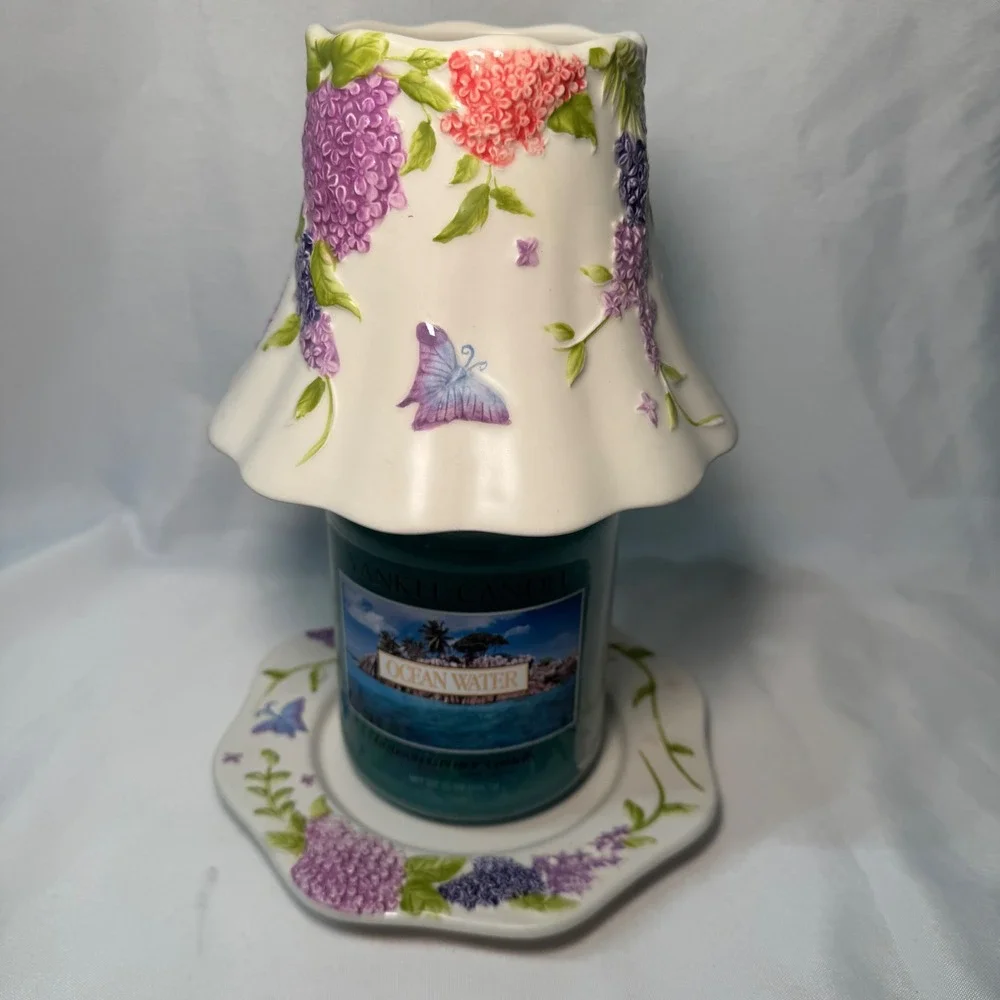 Yankee Candle Floral Hydrangea Lilac Butterfly Ceramic Shade and Tray Set White